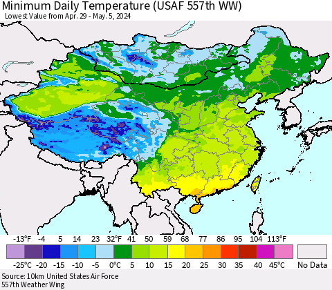 China, Mongolia and Taiwan Minimum Daily Temperature (USAF 557th WW) Thematic Map For 4/29/2024 - 5/5/2024