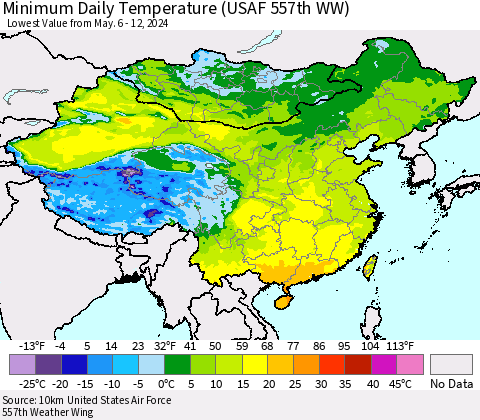China, Mongolia and Taiwan Minimum Daily Temperature (USAF 557th WW) Thematic Map For 5/6/2024 - 5/12/2024