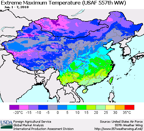 China, Mongolia and Taiwan Maximum Daily Temperature (USAF 557th WW) Thematic Map For 1/1/2018 - 1/7/2018