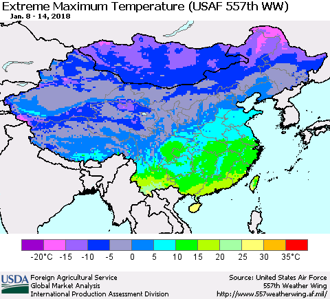 China, Mongolia and Taiwan Maximum Daily Temperature (USAF 557th WW) Thematic Map For 1/8/2018 - 1/14/2018