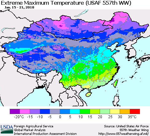 China, Mongolia and Taiwan Maximum Daily Temperature (USAF 557th WW) Thematic Map For 1/15/2018 - 1/21/2018