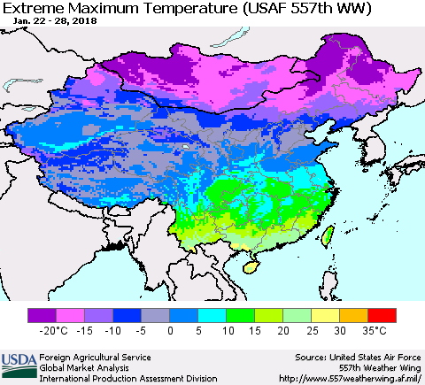 China, Mongolia and Taiwan Maximum Daily Temperature (USAF 557th WW) Thematic Map For 1/22/2018 - 1/28/2018