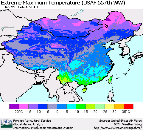 China, Mongolia and Taiwan Maximum Daily Temperature (USAF 557th WW) Thematic Map For 1/29/2018 - 2/4/2018