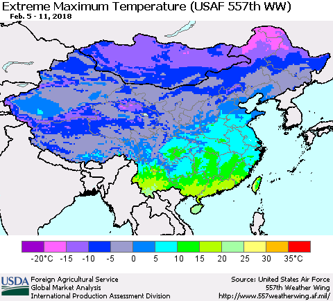 China, Mongolia and Taiwan Maximum Daily Temperature (USAF 557th WW) Thematic Map For 2/5/2018 - 2/11/2018