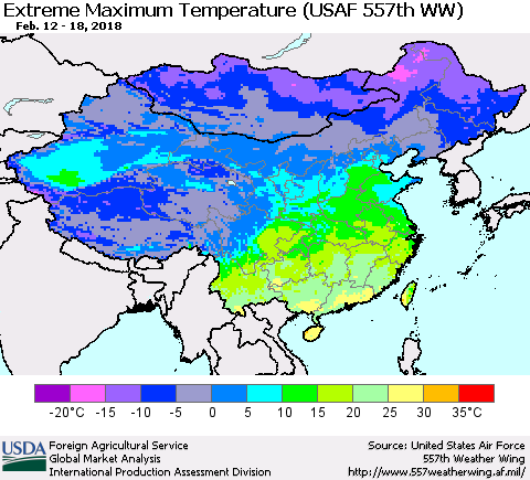 China, Mongolia and Taiwan Maximum Daily Temperature (USAF 557th WW) Thematic Map For 2/12/2018 - 2/18/2018