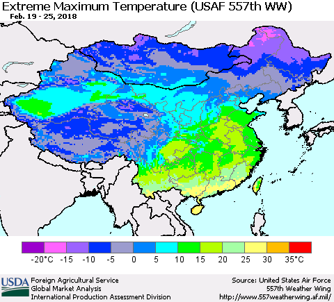 China, Mongolia and Taiwan Maximum Daily Temperature (USAF 557th WW) Thematic Map For 2/19/2018 - 2/25/2018