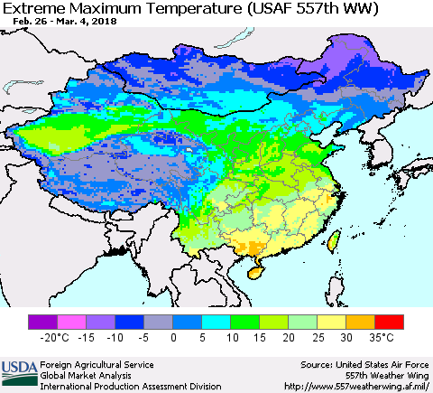 China, Mongolia and Taiwan Maximum Daily Temperature (USAF 557th WW) Thematic Map For 2/26/2018 - 3/4/2018