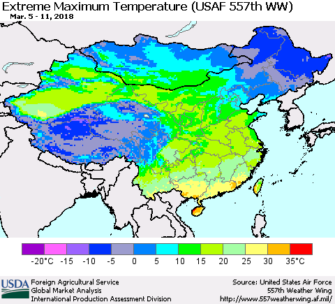 China, Mongolia and Taiwan Maximum Daily Temperature (USAF 557th WW) Thematic Map For 3/5/2018 - 3/11/2018