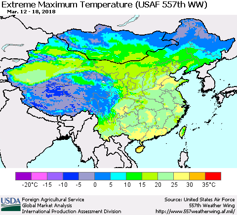 China, Mongolia and Taiwan Maximum Daily Temperature (USAF 557th WW) Thematic Map For 3/12/2018 - 3/18/2018