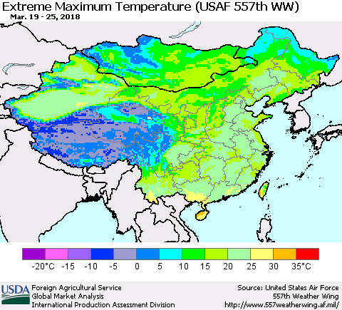 China, Mongolia and Taiwan Maximum Daily Temperature (USAF 557th WW) Thematic Map For 3/19/2018 - 3/25/2018