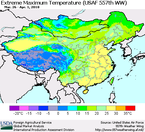 China, Mongolia and Taiwan Maximum Daily Temperature (USAF 557th WW) Thematic Map For 3/26/2018 - 4/1/2018