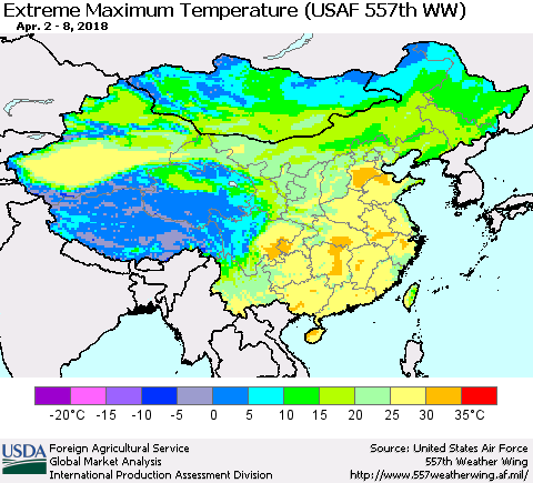 China, Mongolia and Taiwan Maximum Daily Temperature (USAF 557th WW) Thematic Map For 4/2/2018 - 4/8/2018