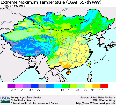 China, Mongolia and Taiwan Maximum Daily Temperature (USAF 557th WW) Thematic Map For 4/9/2018 - 4/15/2018