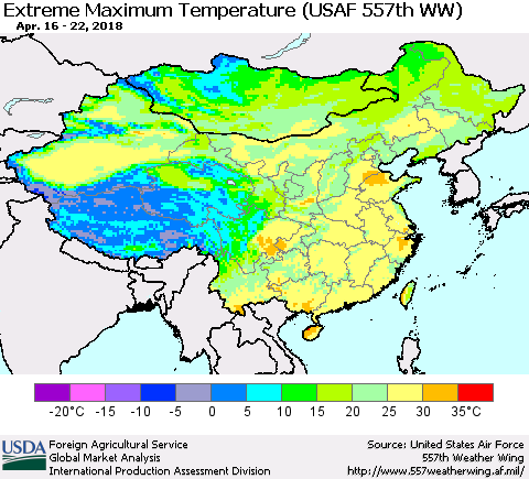 China, Mongolia and Taiwan Maximum Daily Temperature (USAF 557th WW) Thematic Map For 4/16/2018 - 4/22/2018