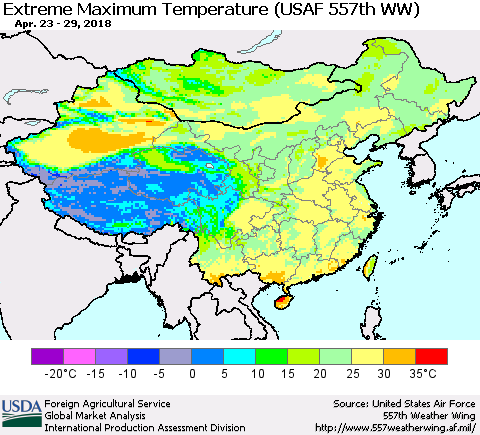 China, Mongolia and Taiwan Maximum Daily Temperature (USAF 557th WW) Thematic Map For 4/23/2018 - 4/29/2018