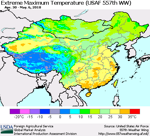 China, Mongolia and Taiwan Maximum Daily Temperature (USAF 557th WW) Thematic Map For 4/30/2018 - 5/6/2018