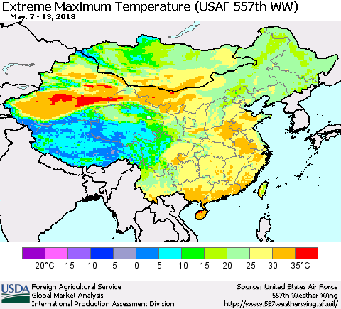 China, Mongolia and Taiwan Maximum Daily Temperature (USAF 557th WW) Thematic Map For 5/7/2018 - 5/13/2018