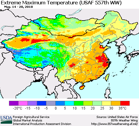 China, Mongolia and Taiwan Maximum Daily Temperature (USAF 557th WW) Thematic Map For 5/14/2018 - 5/20/2018