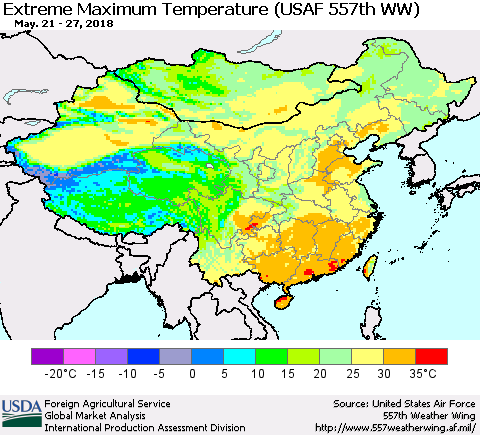 China, Mongolia and Taiwan Maximum Daily Temperature (USAF 557th WW) Thematic Map For 5/21/2018 - 5/27/2018