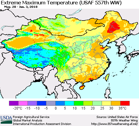 China, Mongolia and Taiwan Maximum Daily Temperature (USAF 557th WW) Thematic Map For 5/28/2018 - 6/3/2018