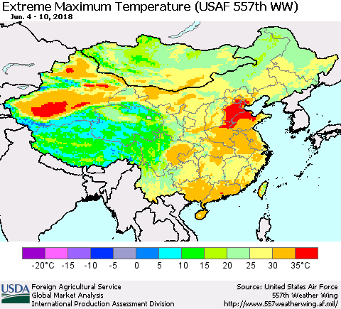 China, Mongolia and Taiwan Maximum Daily Temperature (USAF 557th WW) Thematic Map For 6/4/2018 - 6/10/2018