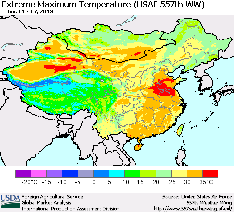 China, Mongolia and Taiwan Maximum Daily Temperature (USAF 557th WW) Thematic Map For 6/11/2018 - 6/17/2018