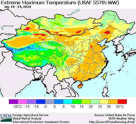 China, Mongolia and Taiwan Maximum Daily Temperature (USAF 557th WW) Thematic Map For 6/18/2018 - 6/24/2018