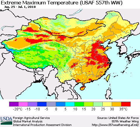 China, Mongolia and Taiwan Maximum Daily Temperature (USAF 557th WW) Thematic Map For 6/25/2018 - 7/1/2018