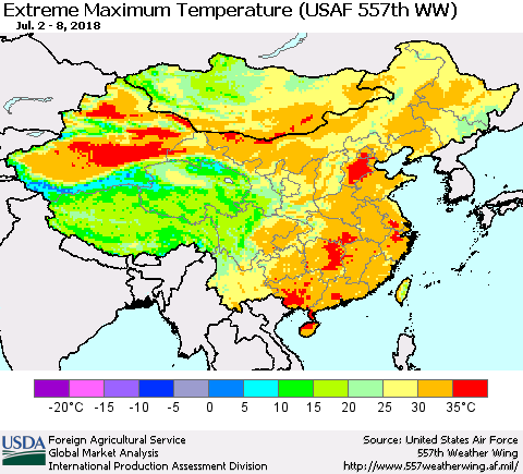 China, Mongolia and Taiwan Maximum Daily Temperature (USAF 557th WW) Thematic Map For 7/2/2018 - 7/8/2018