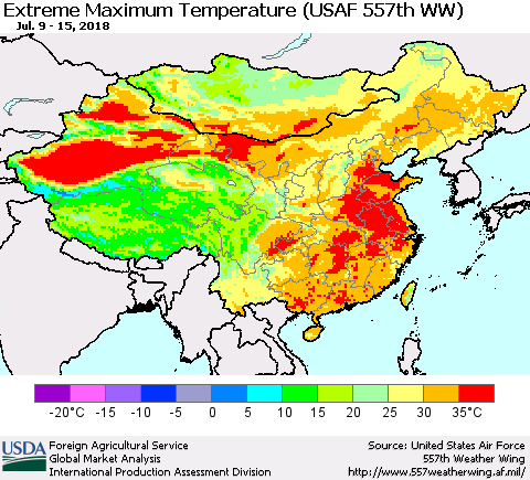 China, Mongolia and Taiwan Maximum Daily Temperature (USAF 557th WW) Thematic Map For 7/9/2018 - 7/15/2018