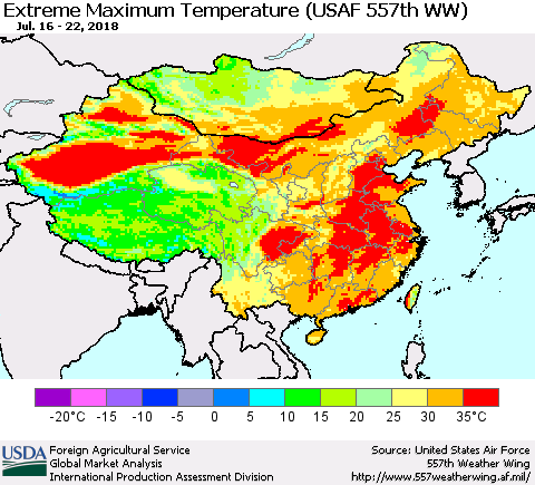 China, Mongolia and Taiwan Maximum Daily Temperature (USAF 557th WW) Thematic Map For 7/16/2018 - 7/22/2018