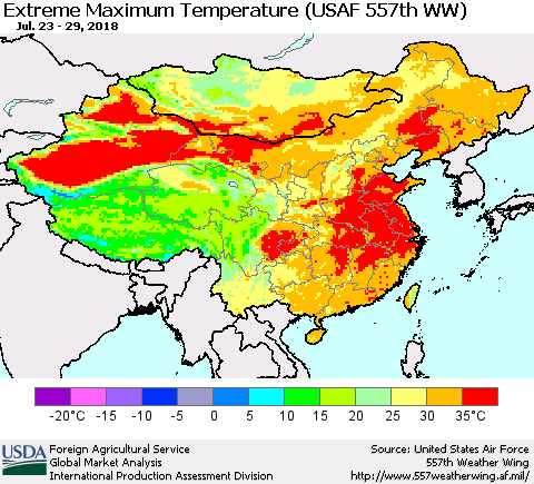 China, Mongolia and Taiwan Maximum Daily Temperature (USAF 557th WW) Thematic Map For 7/23/2018 - 7/29/2018