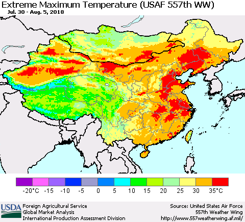 China, Mongolia and Taiwan Maximum Daily Temperature (USAF 557th WW) Thematic Map For 7/30/2018 - 8/5/2018