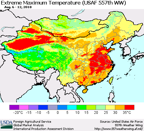 China, Mongolia and Taiwan Maximum Daily Temperature (USAF 557th WW) Thematic Map For 8/6/2018 - 8/12/2018