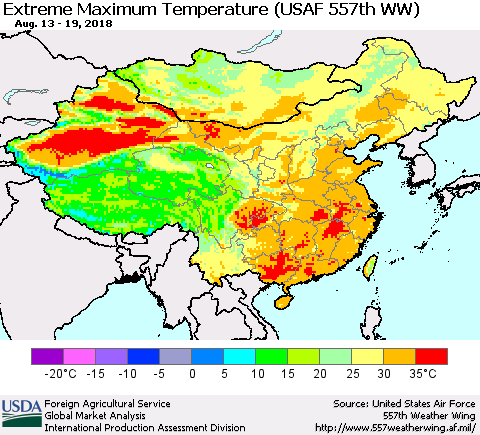 China, Mongolia and Taiwan Maximum Daily Temperature (USAF 557th WW) Thematic Map For 8/13/2018 - 8/19/2018