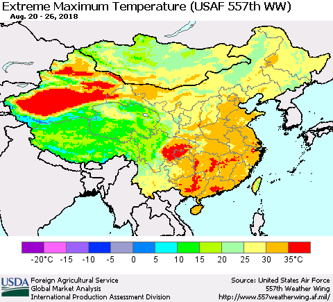 China, Mongolia and Taiwan Maximum Daily Temperature (USAF 557th WW) Thematic Map For 8/20/2018 - 8/26/2018