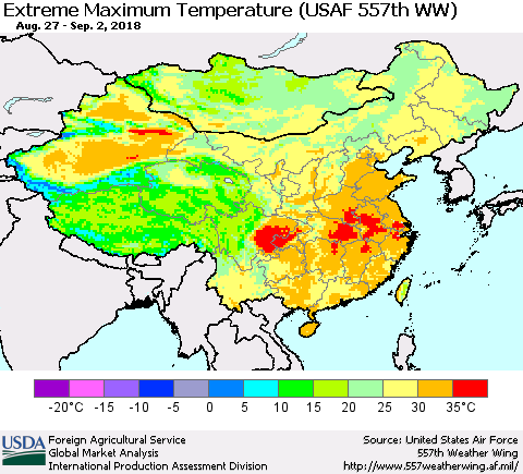 China, Mongolia and Taiwan Maximum Daily Temperature (USAF 557th WW) Thematic Map For 8/27/2018 - 9/2/2018