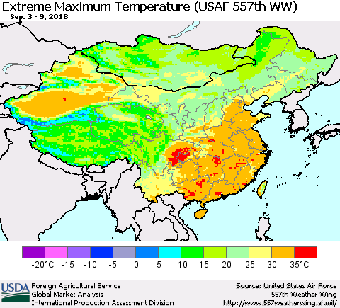 China and Taiwan Maximum Daily Temperature (USAF 557th WW) Thematic Map For 9/3/2018 - 9/9/2018