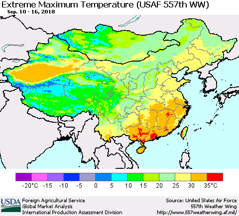 China and Taiwan Maximum Daily Temperature (USAF 557th WW) Thematic Map For 9/10/2018 - 9/16/2018