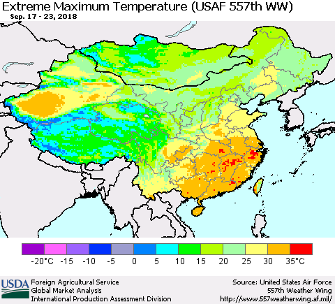 China, Mongolia and Taiwan Maximum Daily Temperature (USAF 557th WW) Thematic Map For 9/17/2018 - 9/23/2018