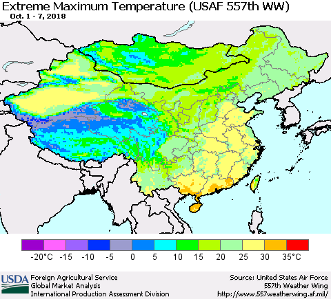 China and Taiwan Maximum Daily Temperature (USAF 557th WW) Thematic Map For 10/1/2018 - 10/7/2018