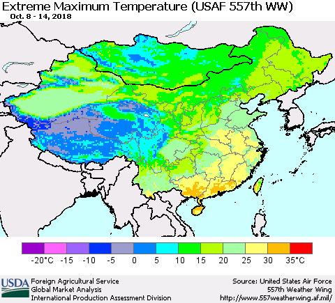 China, Mongolia and Taiwan Maximum Daily Temperature (USAF 557th WW) Thematic Map For 10/8/2018 - 10/14/2018