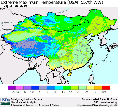 China and Taiwan Maximum Daily Temperature (USAF 557th WW) Thematic Map For 10/15/2018 - 10/21/2018