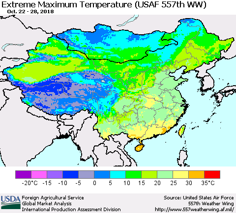 China and Taiwan Maximum Daily Temperature (USAF 557th WW) Thematic Map For 10/22/2018 - 10/28/2018