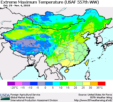 China, Mongolia and Taiwan Maximum Daily Temperature (USAF 557th WW) Thematic Map For 10/29/2018 - 11/4/2018