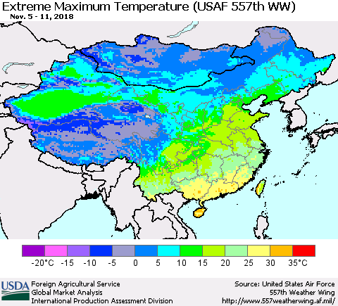China, Mongolia and Taiwan Maximum Daily Temperature (USAF 557th WW) Thematic Map For 11/5/2018 - 11/11/2018
