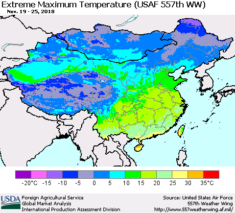 China and Taiwan Maximum Daily Temperature (USAF 557th WW) Thematic Map For 11/19/2018 - 11/25/2018