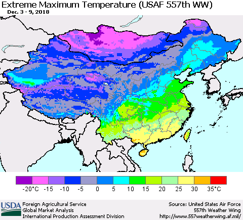 China and Taiwan Maximum Daily Temperature (USAF 557th WW) Thematic Map For 12/3/2018 - 12/9/2018