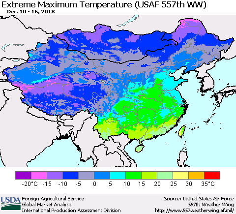 China and Taiwan Maximum Daily Temperature (USAF 557th WW) Thematic Map For 12/10/2018 - 12/16/2018