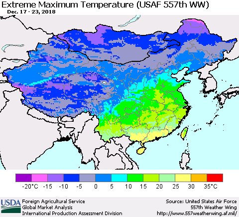 China and Taiwan Maximum Daily Temperature (USAF 557th WW) Thematic Map For 12/17/2018 - 12/23/2018